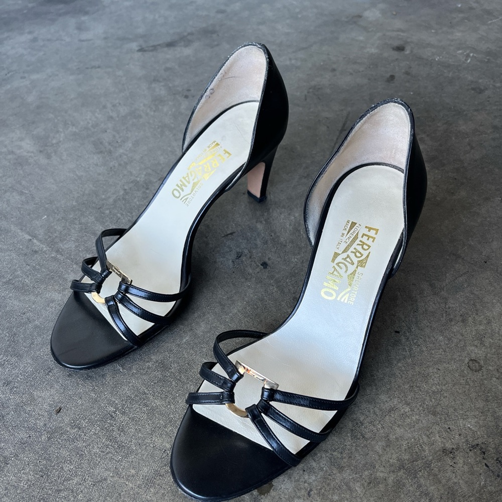 Salvatore Ferragamo Black Strappy Open-Toe Heels